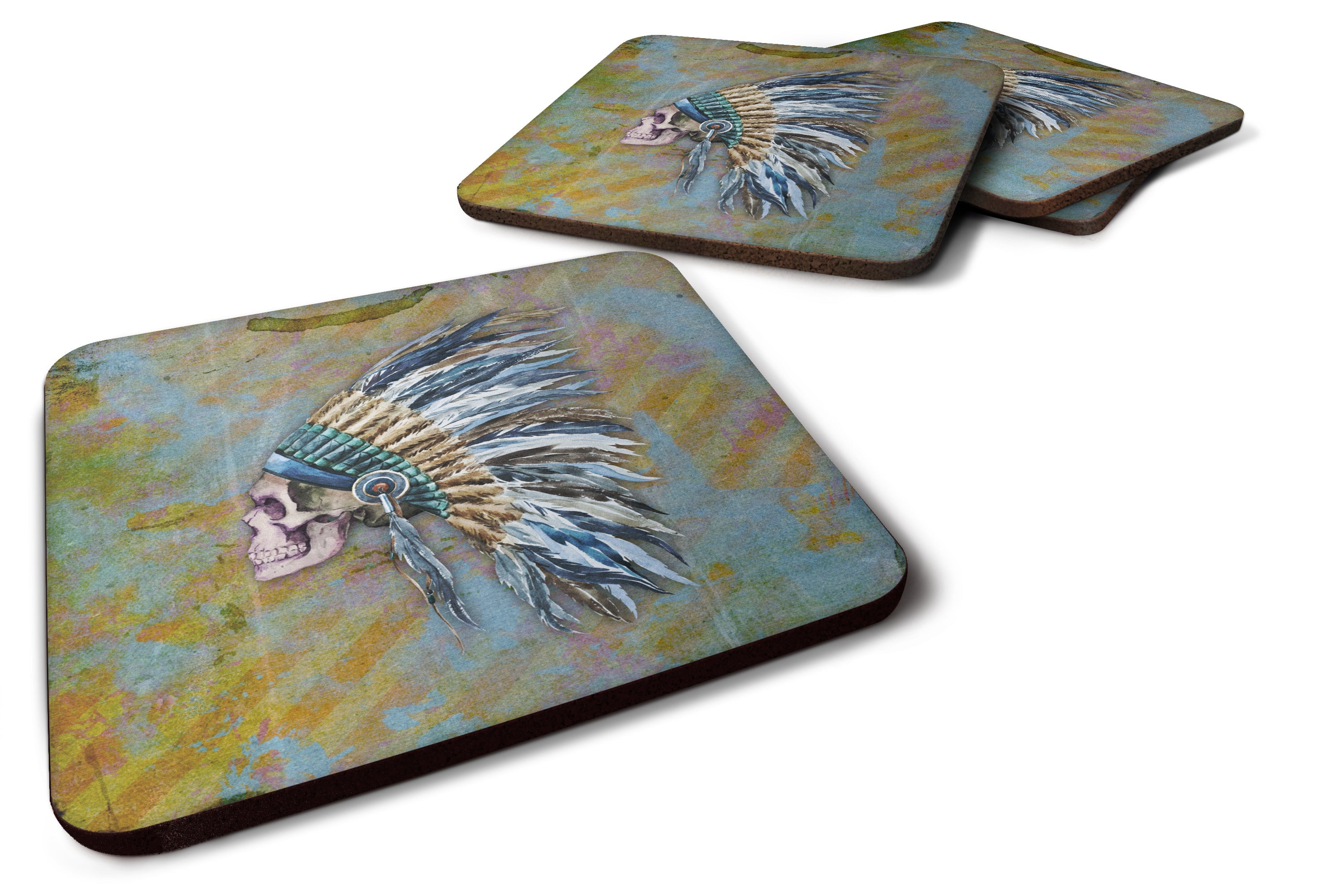 Day of the Dead Indian Chief Skull  Foam Coasters Set of 4 Cup Coasters for Indoor Outdoor, Tabletop Protection, Anti Slip, Mouse pad Material