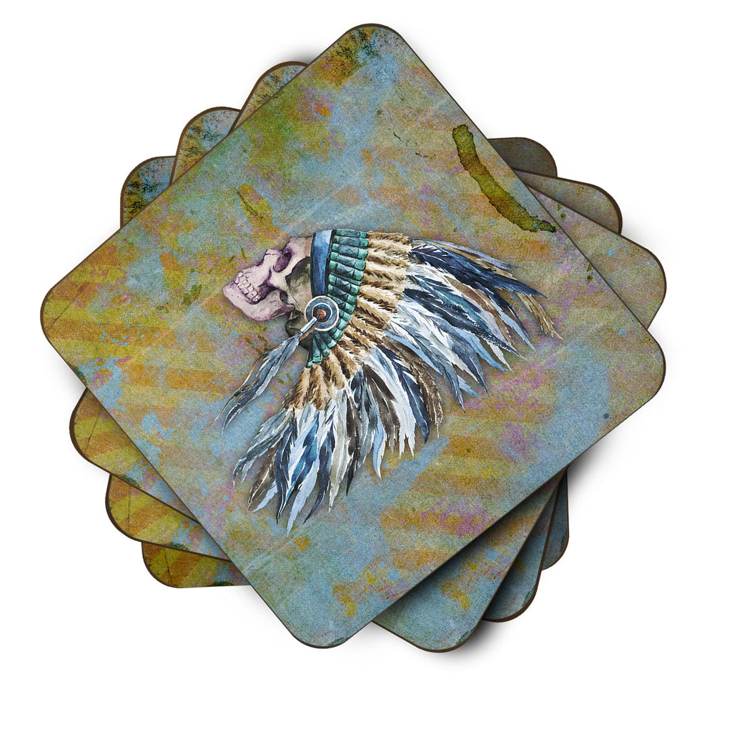 Day of the Dead Indian Chief Skull  Foam Coasters Set of 4 Cup Coasters for Indoor Outdoor, Tabletop Protection, Anti Slip, Mouse pad Material