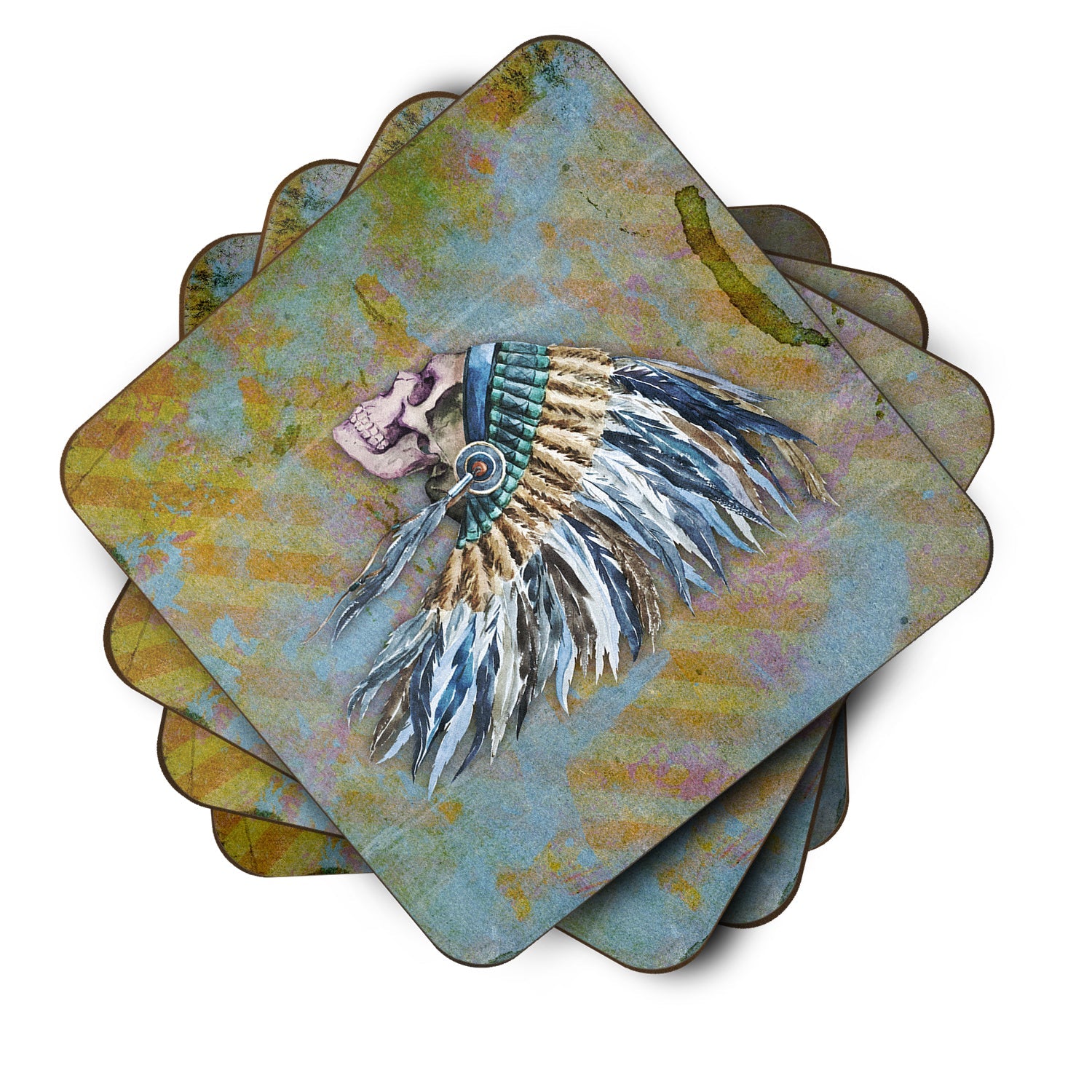Day of the Dead Indian Chief Skull  Foam Coasters Set of 4 Cup Coasters for Indoor Outdoor, Tabletop Protection, Anti Slip, Mouse pad Material