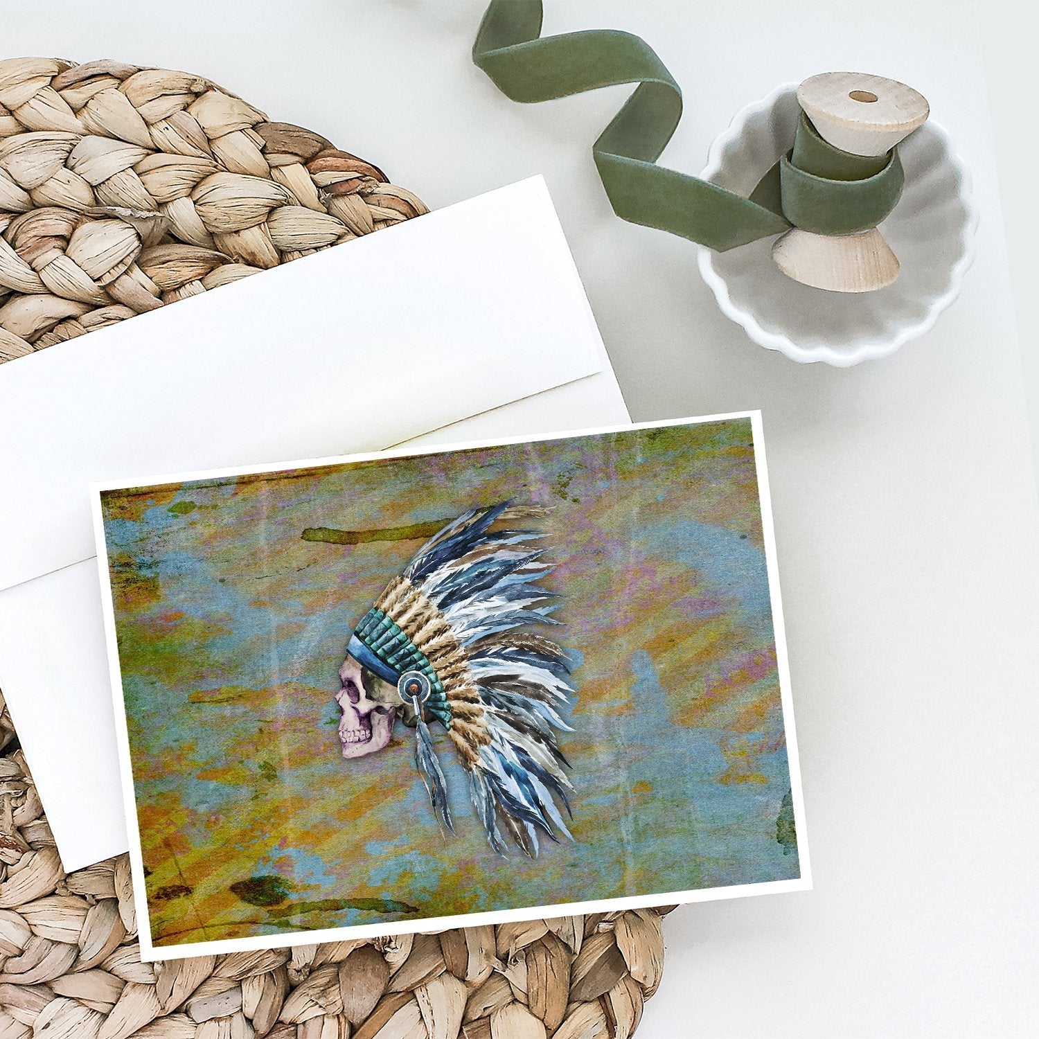 Day of the Dead Indian Chief Skull  Greeting Cards Pack of 8 Blank Cards with Envelopes Whimsical A7 Size 5x7