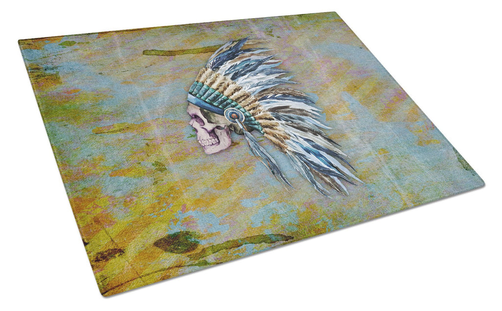 Day of the Dead Indian Chief Skull  Cutting Board Tempered Glass Kitchen Cutting Surface, Heat Resistant Chopping, Non-Slip Feet, Food Prep & Serving