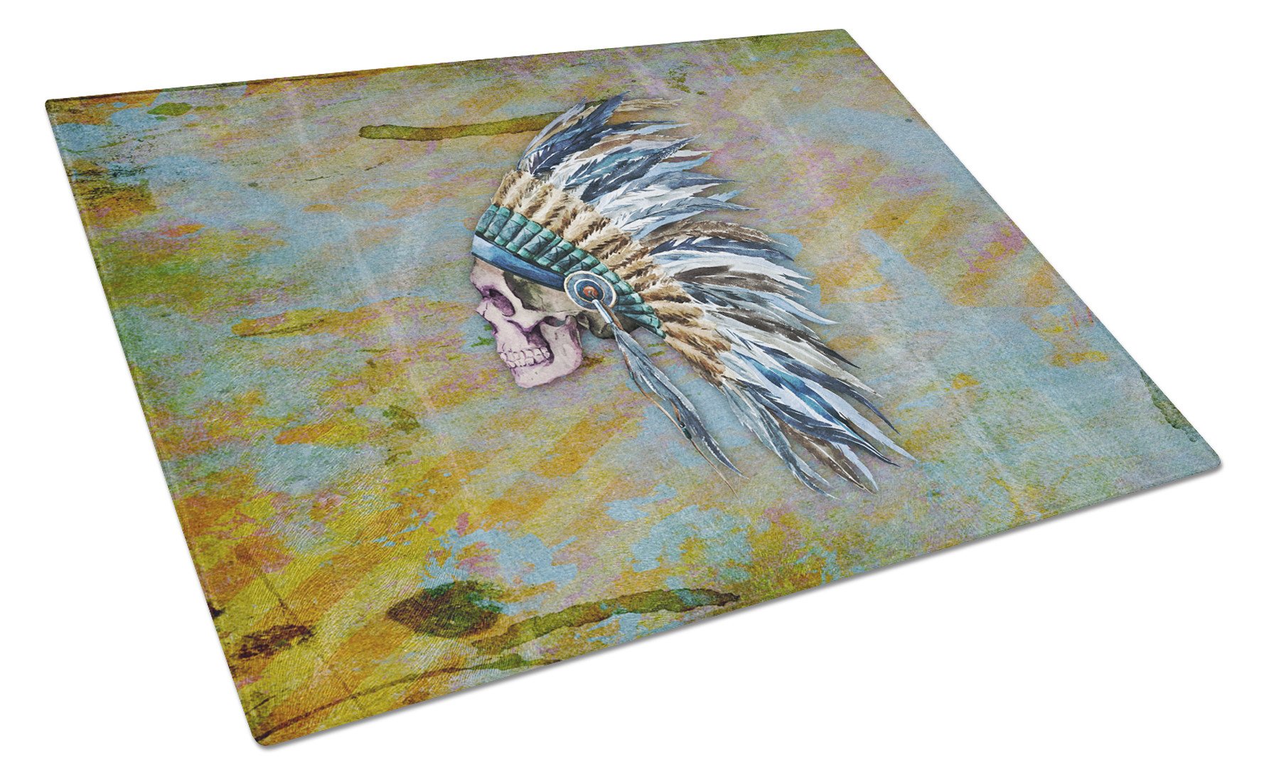 Day of the Dead Indian Chief Skull  Cutting Board Tempered Glass Kitchen Cutting Surface, Heat Resistant Chopping, Non-Slip Feet, Food Prep & Serving