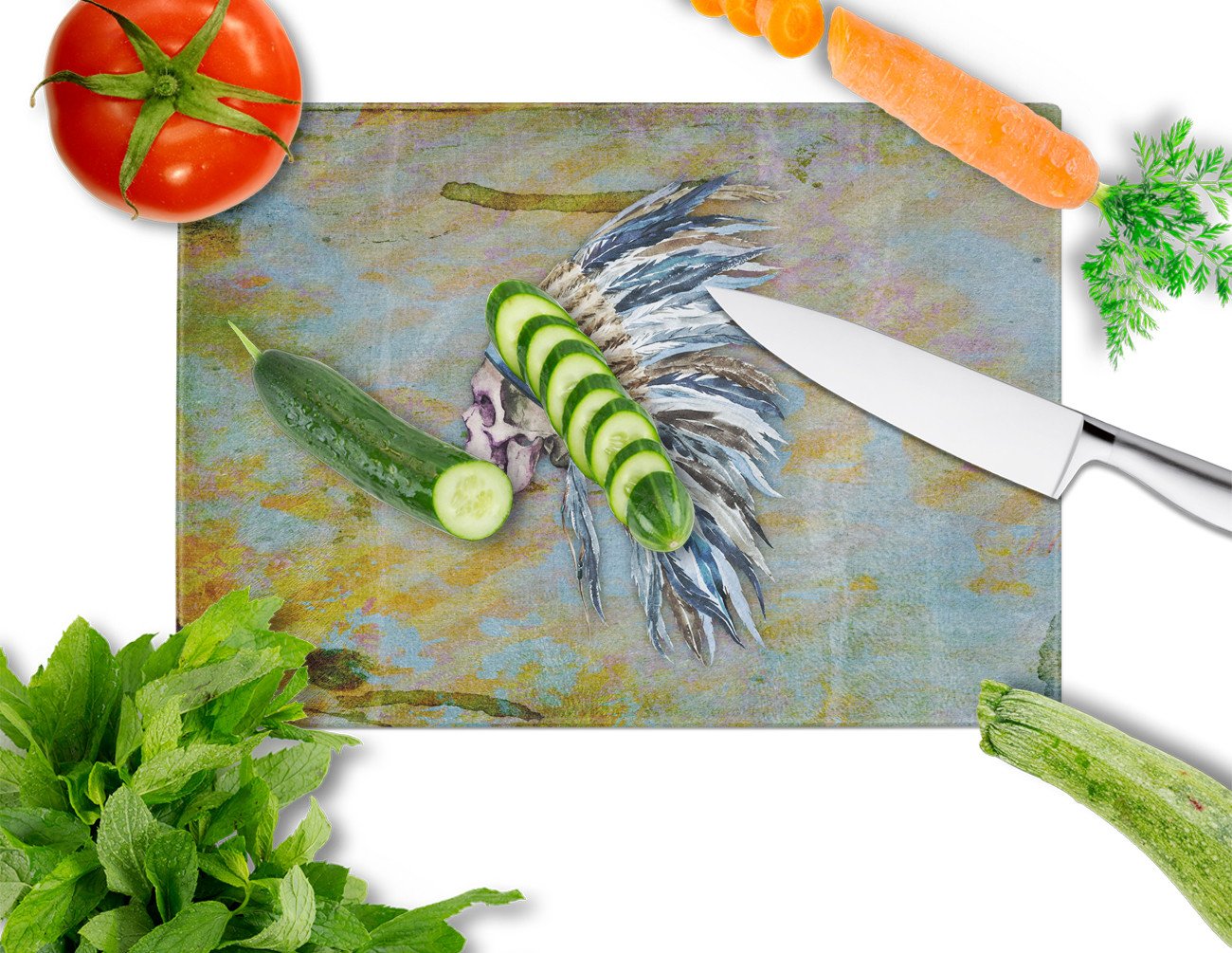Day of the Dead Indian Chief Skull  Cutting Board Tempered Glass Kitchen Cutting Surface, Heat Resistant Chopping, Non-Slip Feet, Food Prep & Serving