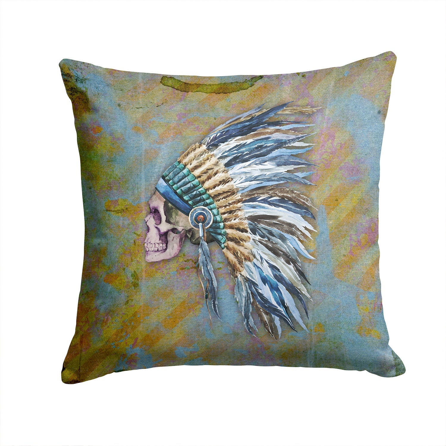 Day of the Dead Indian Chief Skull  Decorative Throw Pillow 14x14 Indoor Outdoor Accent Cushion, Fabric Cover with Insert for Sofa, Bed, Porch & Living Room