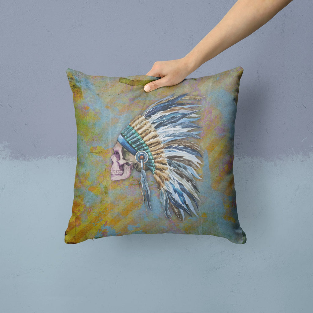 Day of the Dead Indian Chief Skull  Decorative Throw Pillow 14x14 Indoor Outdoor Accent Cushion, Fabric Cover with Insert for Sofa, Bed, Porch & Living Room
