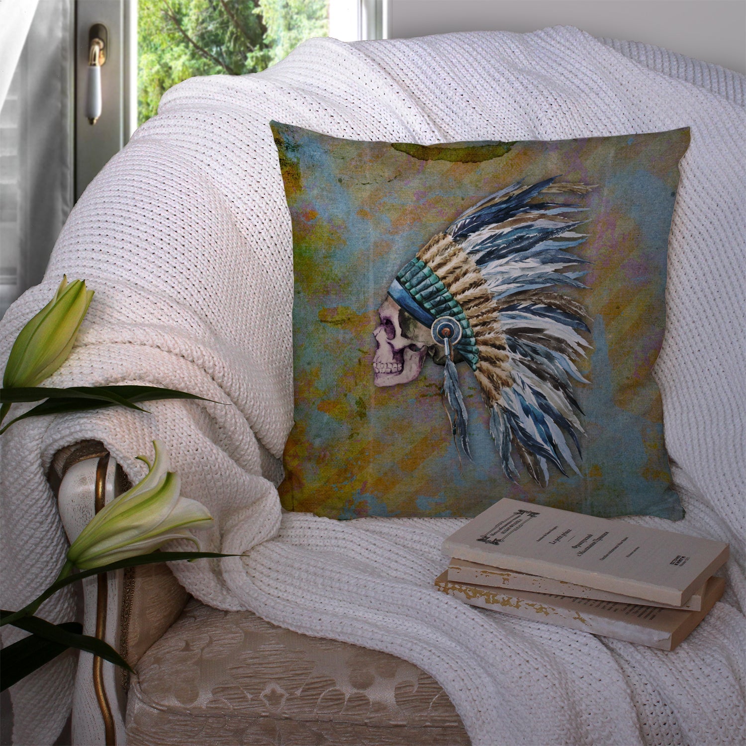 Day of the Dead Indian Chief Skull  Decorative Throw Pillow 14x14 Indoor Outdoor Accent Cushion, Fabric Cover with Insert for Sofa, Bed, Porch & Living Room