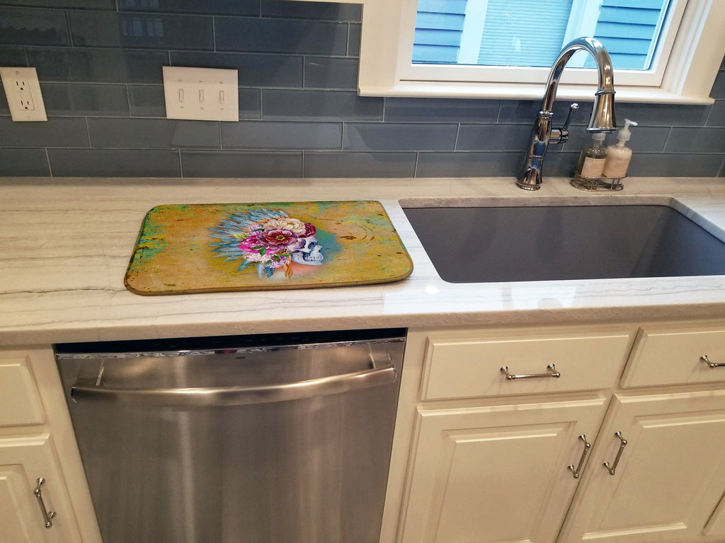 Day of the Dead Flowers Skull  Dish Drying Mat Absorbent Dish Drying Mat Pad for Kitchen Counter Dish Drainer Mat for Countertop, 14 x 21", Multicolor