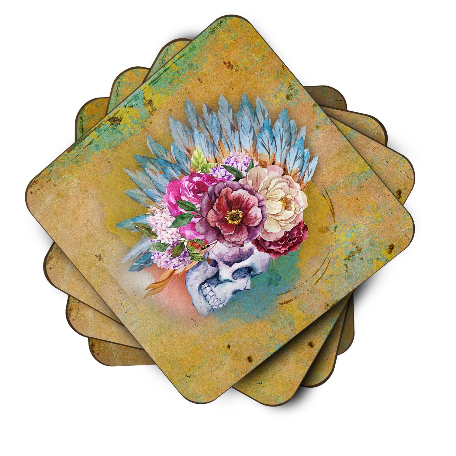 Day of the Dead Flowers Skull  Foam Coasters Set of 4 Cup Coasters for Indoor Outdoor, Tabletop Protection, Anti Slip, Mouse pad Material