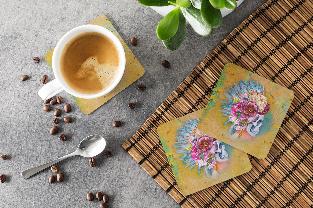 Day of the Dead Flowers Skull  Foam Coasters Set of 4 Cup Coasters for Indoor Outdoor, Tabletop Protection, Anti Slip, Mouse pad Material
