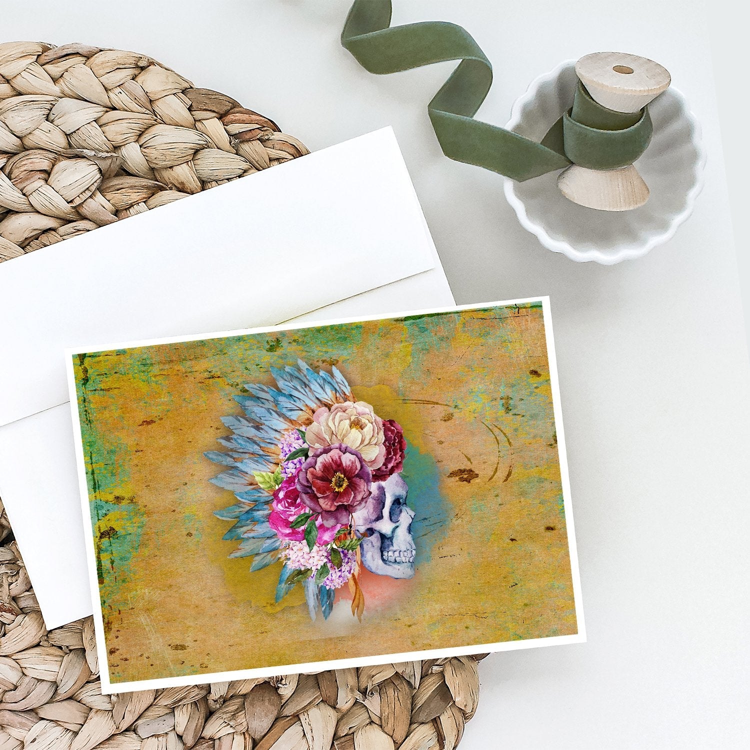Day of the Dead Flowers Skull  Greeting Cards Pack of 8 Blank Cards with Envelopes Whimsical A7 Size 5x7