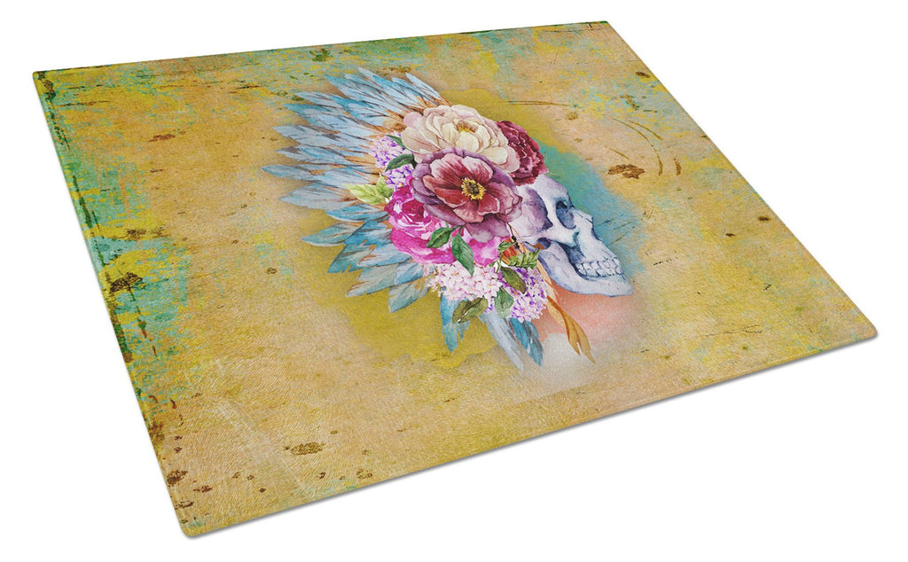 Day of the Dead Flowers Skull  Cutting Board Tempered Glass Kitchen Cutting Surface, Heat Resistant Chopping, Non-Slip Feet, Food Prep & Serving