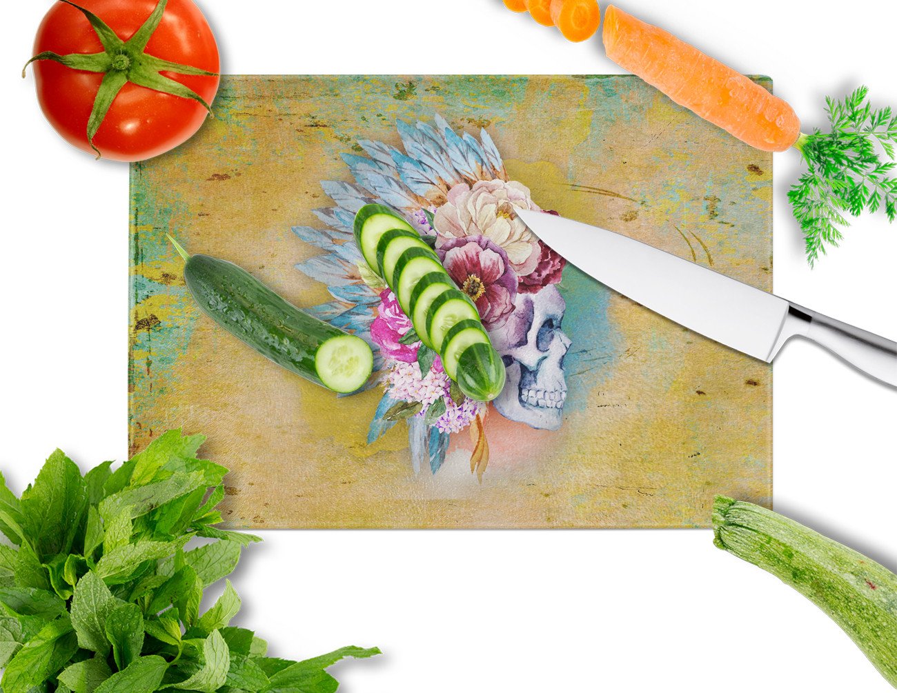 Day of the Dead Flowers Skull  Cutting Board Tempered Glass Kitchen Cutting Surface, Heat Resistant Chopping, Non-Slip Feet, Food Prep & Serving