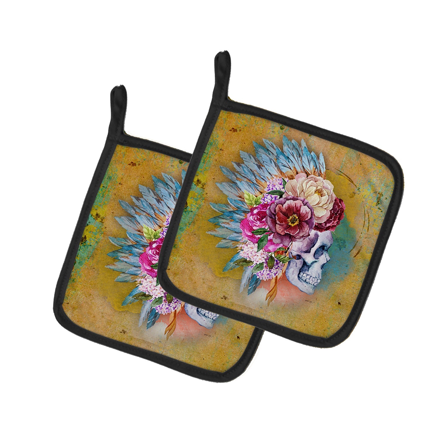 Day of the Dead Flowers Skull  Pot Holder Set of 2 Heat Resistant Quilted Hot Pads 7.5 x 7.5 Inch, Insulated Kitchen Trivets for Cooking & Baking