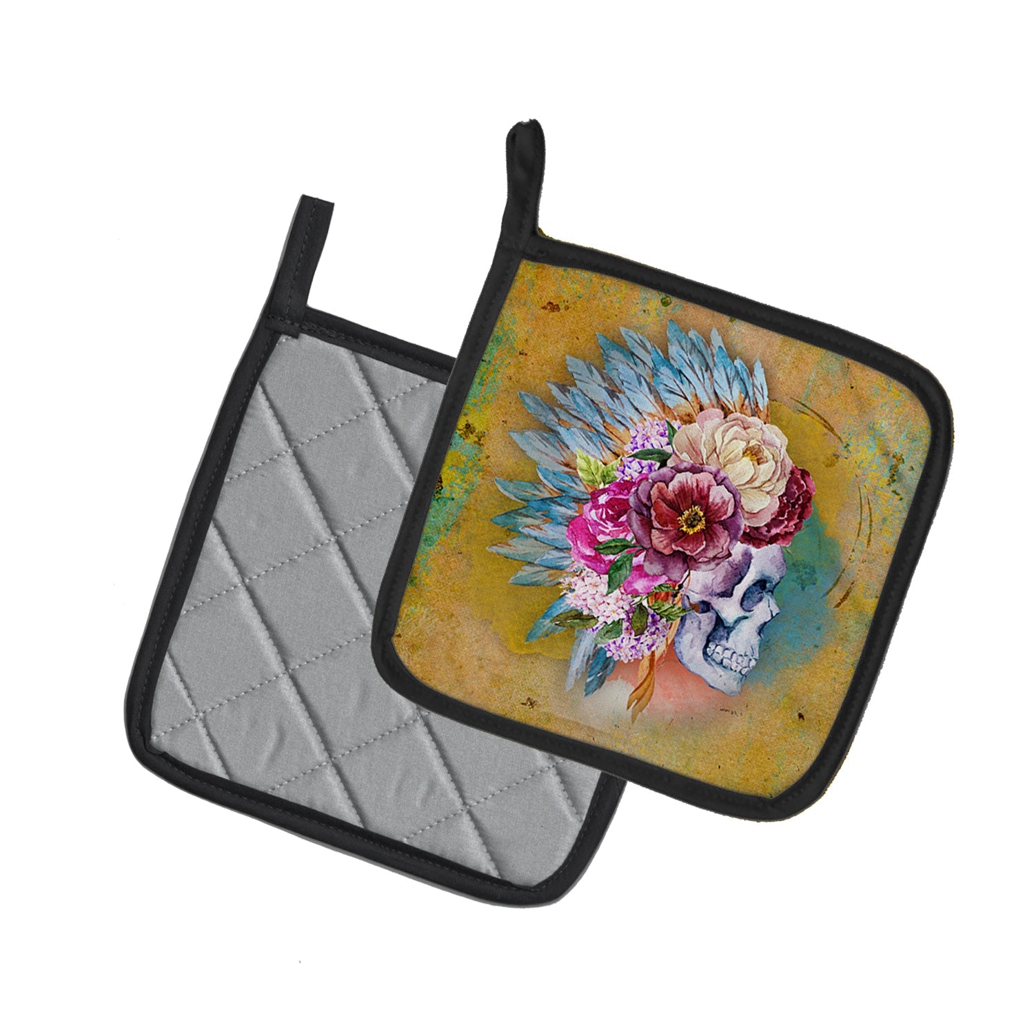 Day of the Dead Flowers Skull  Pot Holder Set of 2 Heat Resistant Quilted Hot Pads 7.5 x 7.5 Inch, Insulated Kitchen Trivets for Cooking & Baking