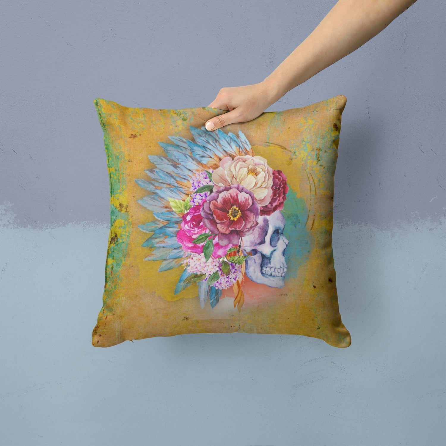 Day of the Dead Flowers Skull  Decorative Throw Pillow 14x14 Indoor Outdoor Accent Cushion, Fabric Cover with Insert for Sofa, Bed, Porch & Living Room