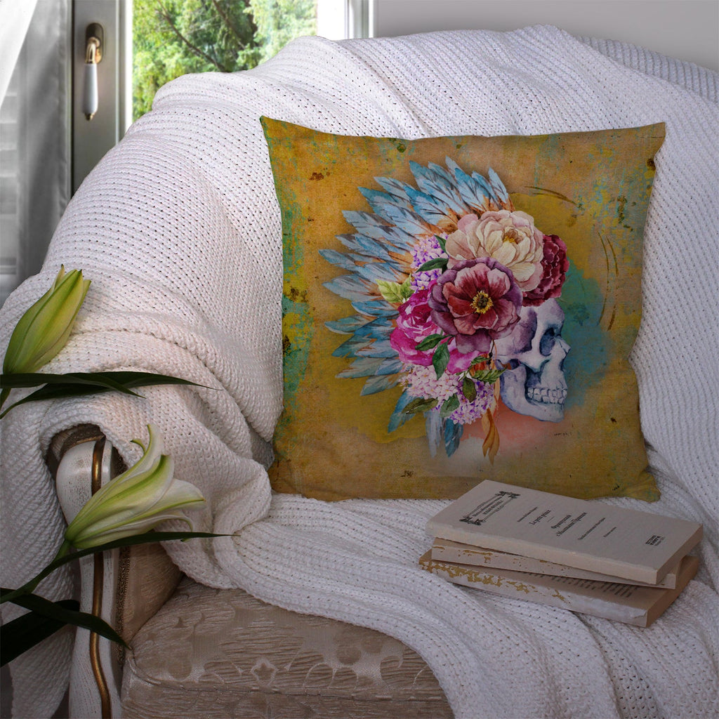 Day of the Dead Flowers Skull  Decorative Throw Pillow 14x14 Indoor Outdoor Accent Cushion, Fabric Cover with Insert for Sofa, Bed, Porch & Living Room