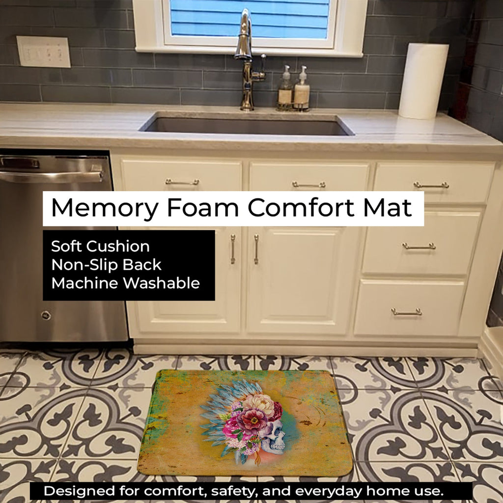 Day of the Dead Flowers Skull  Memory Foam Kitchen Mat Machine Washable Anti-Fatigue Cushion Comfort Bath or Kitchen Rug