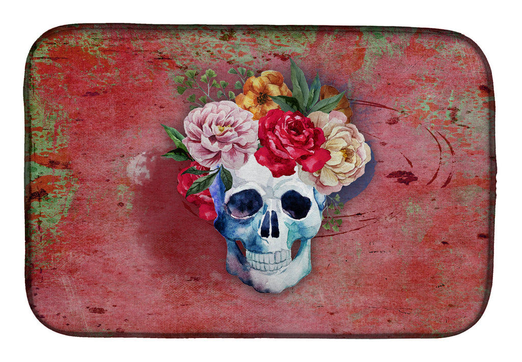 Day of the Dead Red Flowers Skull  Dish Drying Mat Absorbent Dish Drying Mat Pad for Kitchen Counter Dish Drainer Mat for Countertop, 14 x 21", Multicolor