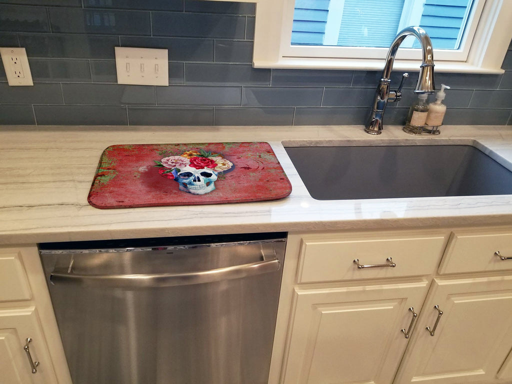 Day of the Dead Red Flowers Skull  Dish Drying Mat Absorbent Dish Drying Mat Pad for Kitchen Counter Dish Drainer Mat for Countertop, 14 x 21", Multicolor