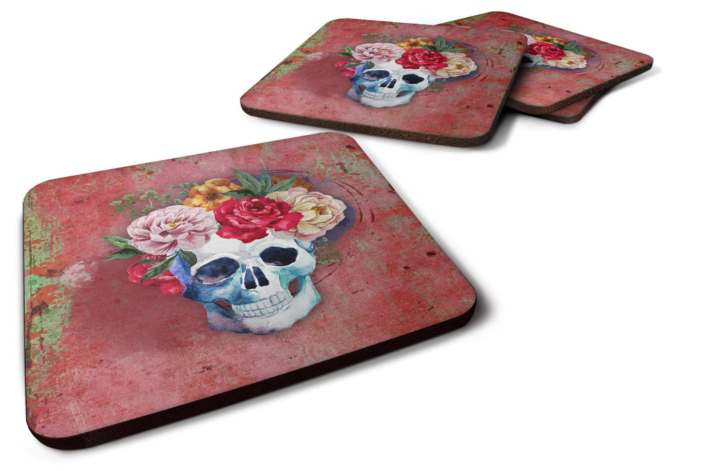 Day of the Dead Red Flowers Skull  Foam Coasters Set of 4 Cup Coasters for Indoor Outdoor, Tabletop Protection, Anti Slip, Mouse pad Material