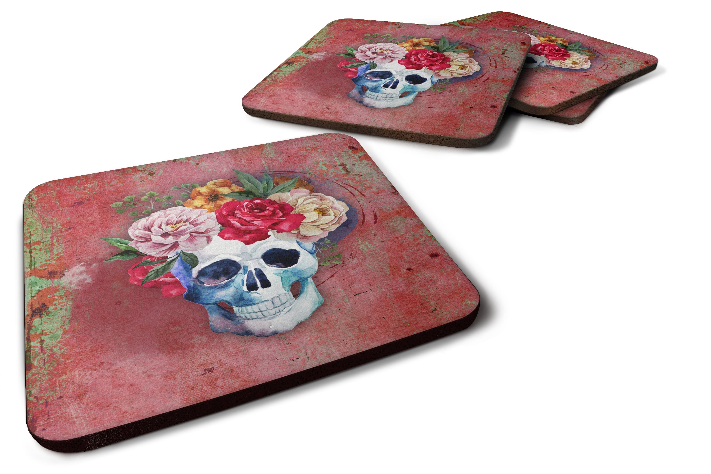 Day of the Dead Red Flowers Skull  Foam Coasters Set of 4 Cup Coasters for Indoor Outdoor, Tabletop Protection, Anti Slip, Mouse pad Material