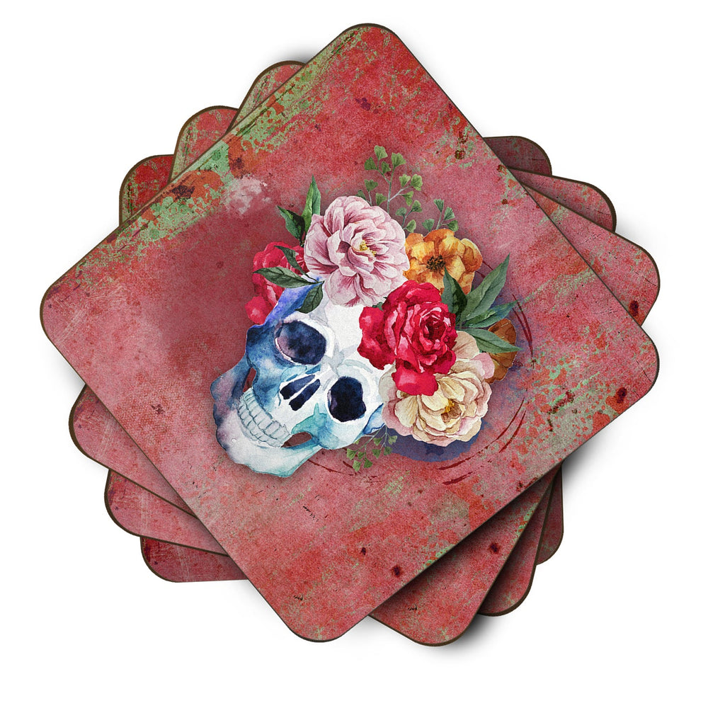 Day of the Dead Red Flowers Skull  Foam Coasters Set of 4 Cup Coasters for Indoor Outdoor, Tabletop Protection, Anti Slip, Mouse pad Material