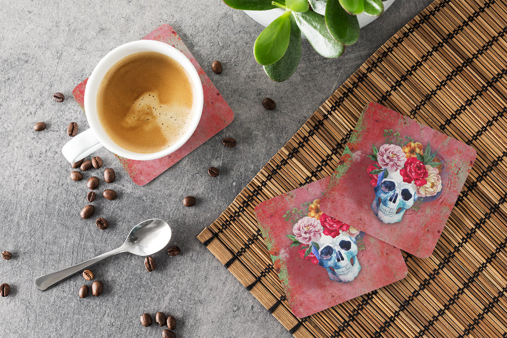 Day of the Dead Red Flowers Skull  Foam Coasters Set of 4 Cup Coasters for Indoor Outdoor, Tabletop Protection, Anti Slip, Mouse pad Material