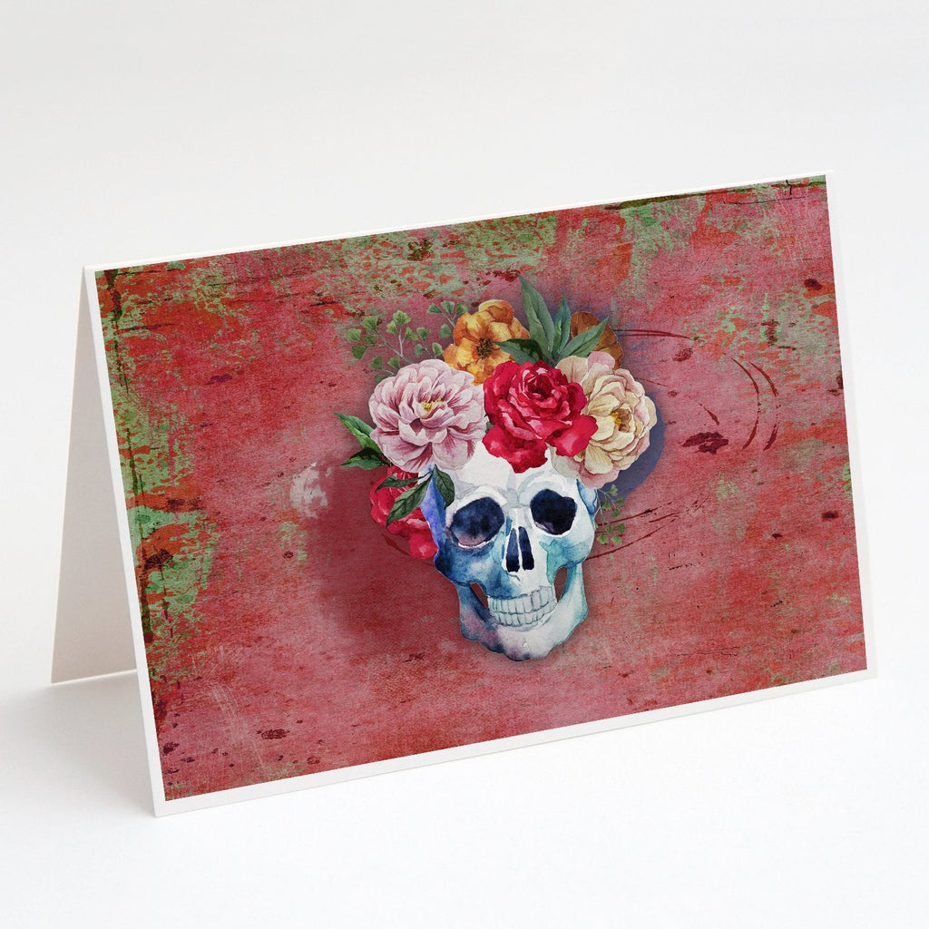 Day of the Dead Red Flowers Skull  Greeting Cards Pack of 8 Blank Cards with Envelopes Whimsical A7 Size 5x7