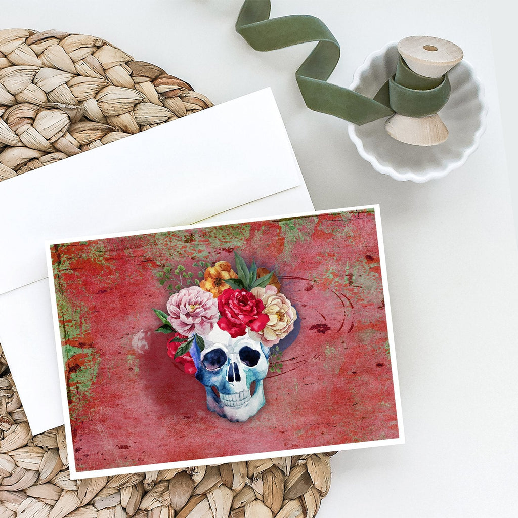 Day of the Dead Red Flowers Skull  Greeting Cards Pack of 8 Blank Cards with Envelopes Whimsical A7 Size 5x7