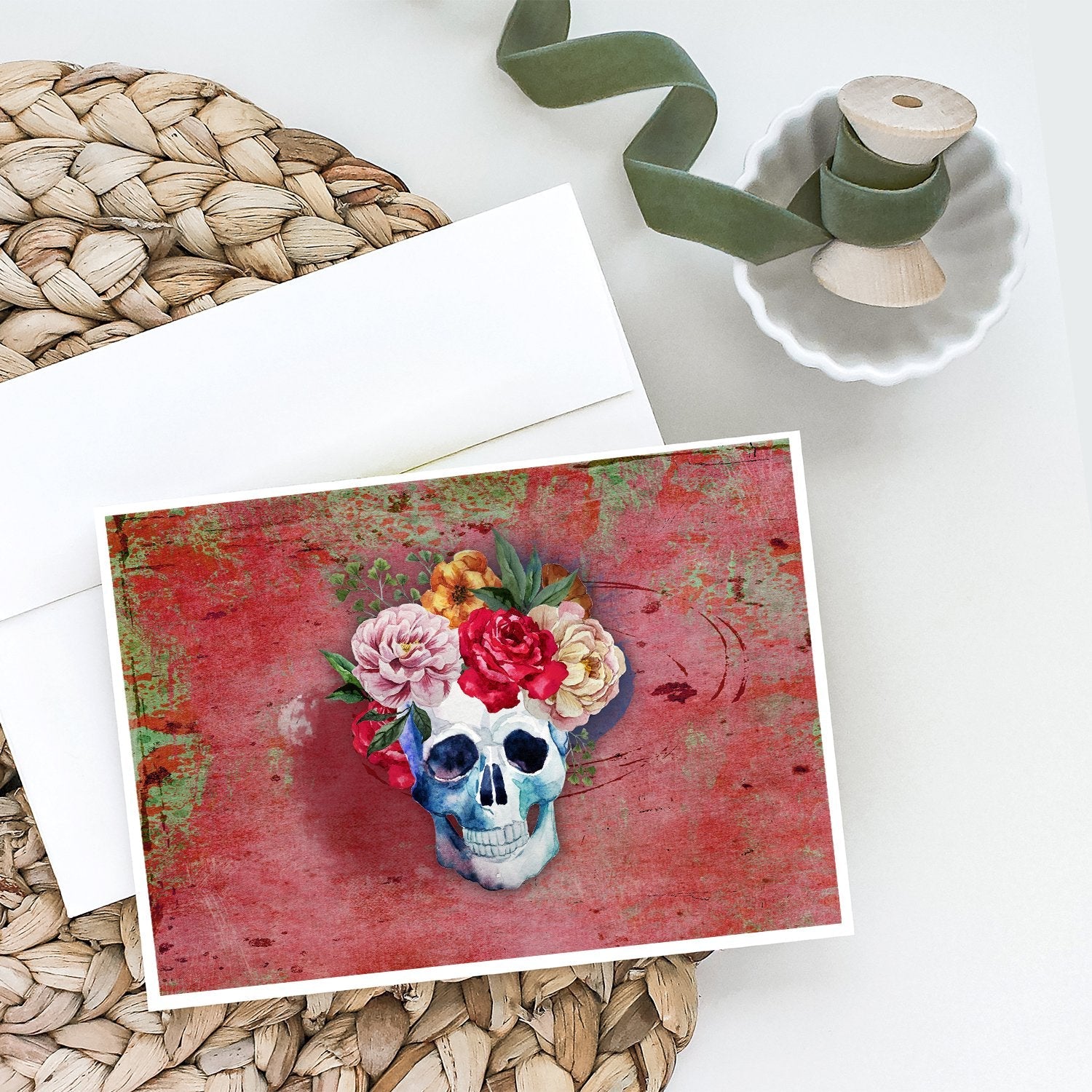 Day of the Dead Red Flowers Skull  Greeting Cards Pack of 8 Blank Cards with Envelopes Whimsical A7 Size 5x7