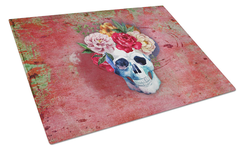 Day of the Dead Red Flowers Skull  Cutting Board Tempered Glass Kitchen Cutting Surface, Heat Resistant Chopping, Non-Slip Feet, Food Prep & Serving