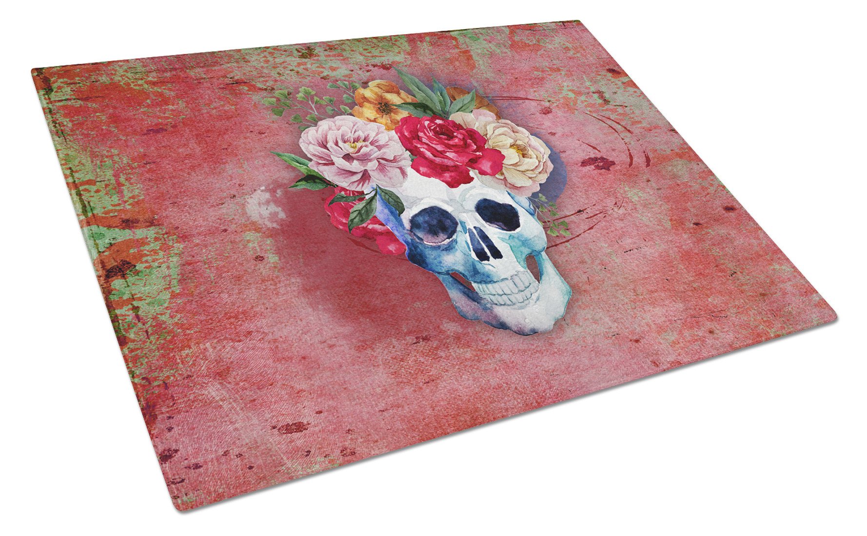 Day of the Dead Red Flowers Skull  Cutting Board Tempered Glass Kitchen Cutting Surface, Heat Resistant Chopping, Non-Slip Feet, Food Prep & Serving