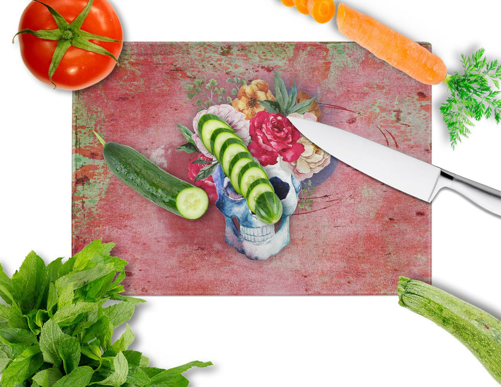 Day of the Dead Red Flowers Skull  Cutting Board Tempered Glass Kitchen Cutting Surface, Heat Resistant Chopping, Non-Slip Feet, Food Prep & Serving