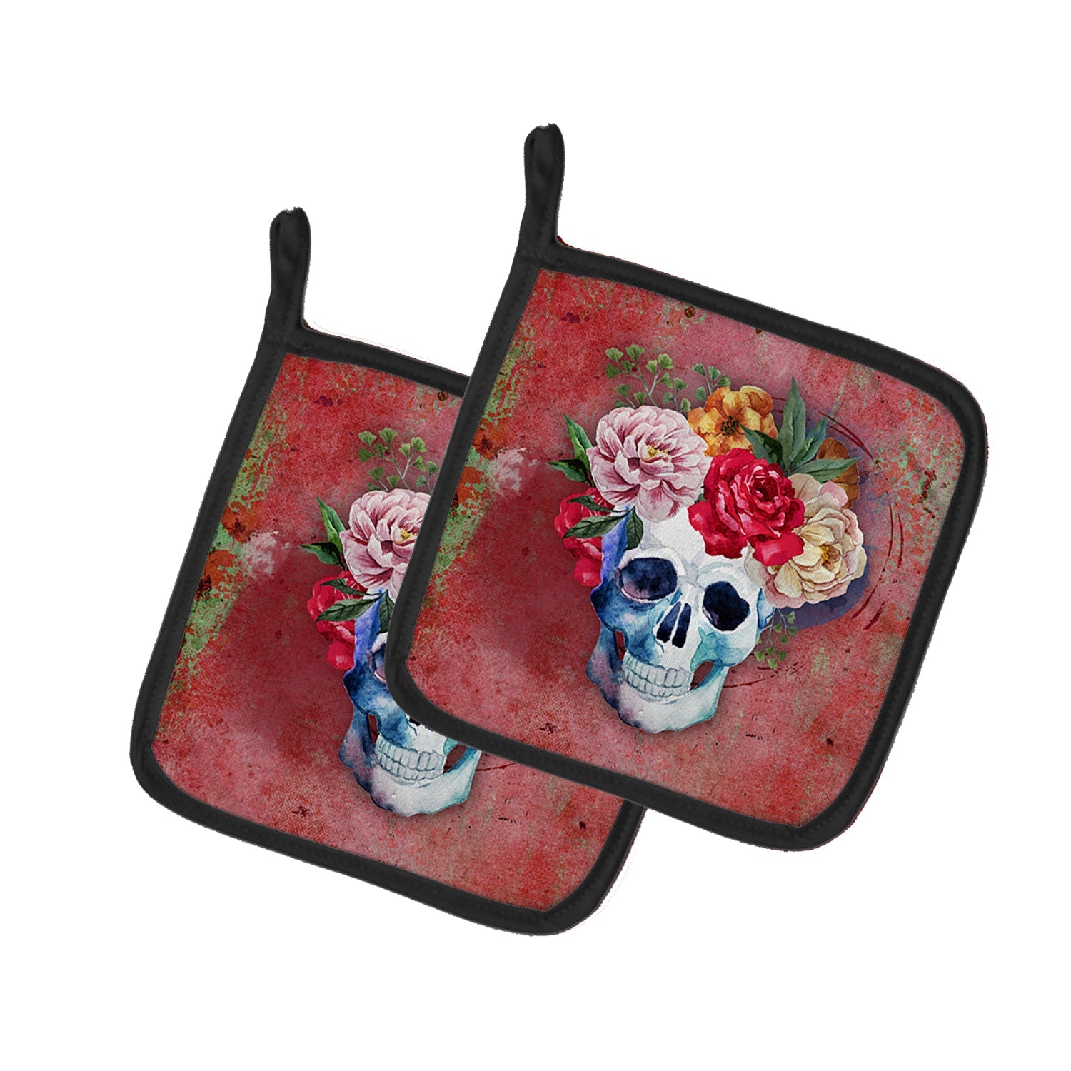 Day of the Dead Red Flowers Skull  Pot Holder Set of 2 Heat Resistant Quilted Hot Pads 7.5 x 7.5 Inch, Insulated Kitchen Trivets for Cooking & Baking