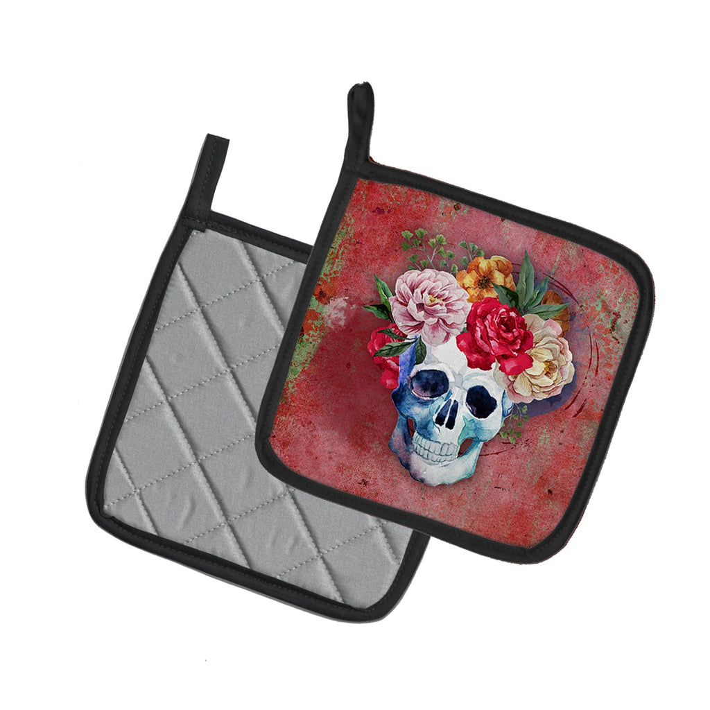 Day of the Dead Red Flowers Skull  Pot Holder Set of 2 Heat Resistant Quilted Hot Pads 7.5 x 7.5 Inch, Insulated Kitchen Trivets for Cooking & Baking