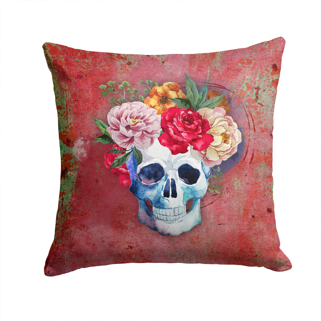 Day of the Dead Red Flowers Skull  Decorative Throw Pillow 14x14 Indoor Outdoor Accent Cushion, Fabric Cover with Insert for Sofa, Bed, Porch & Living Room