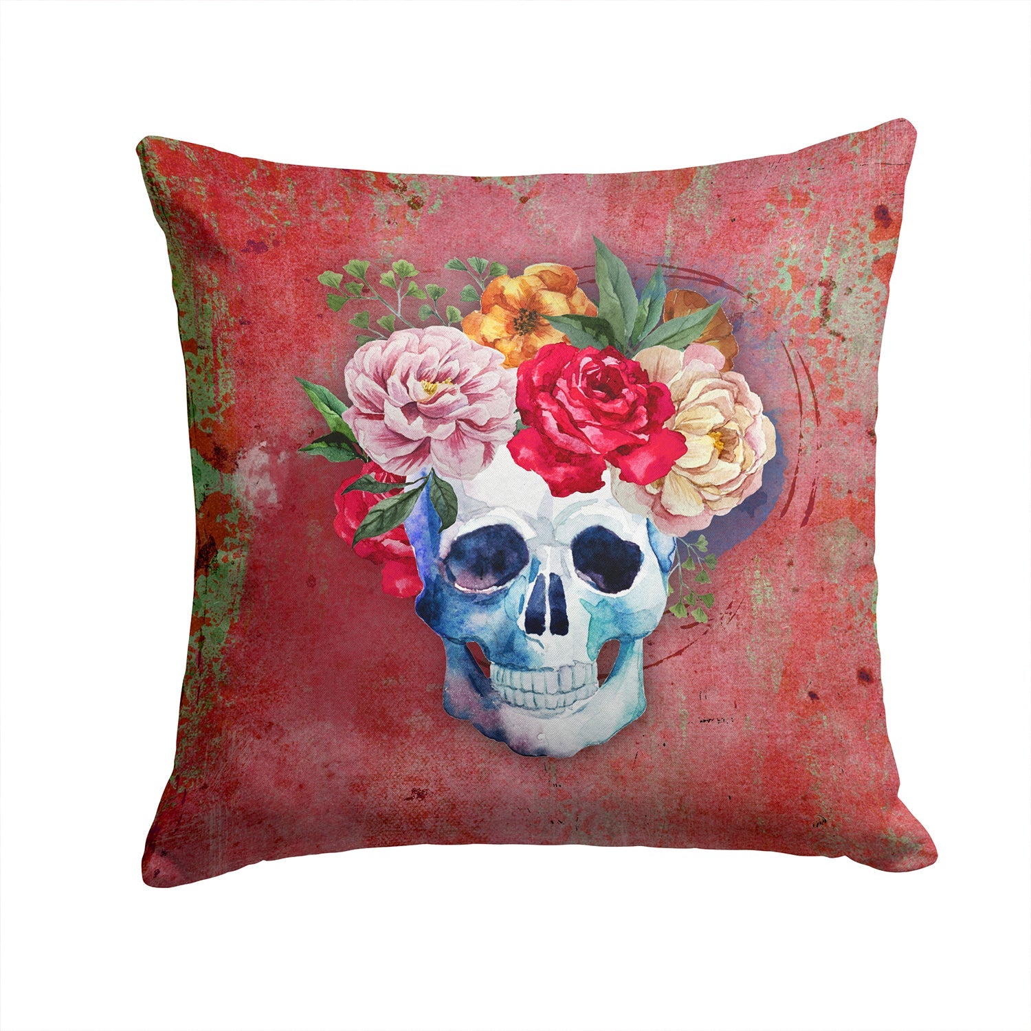 Day of the Dead Red Flowers Skull  Decorative Throw Pillow 14x14 Indoor Outdoor Accent Cushion, Fabric Cover with Insert for Sofa, Bed, Porch & Living Room