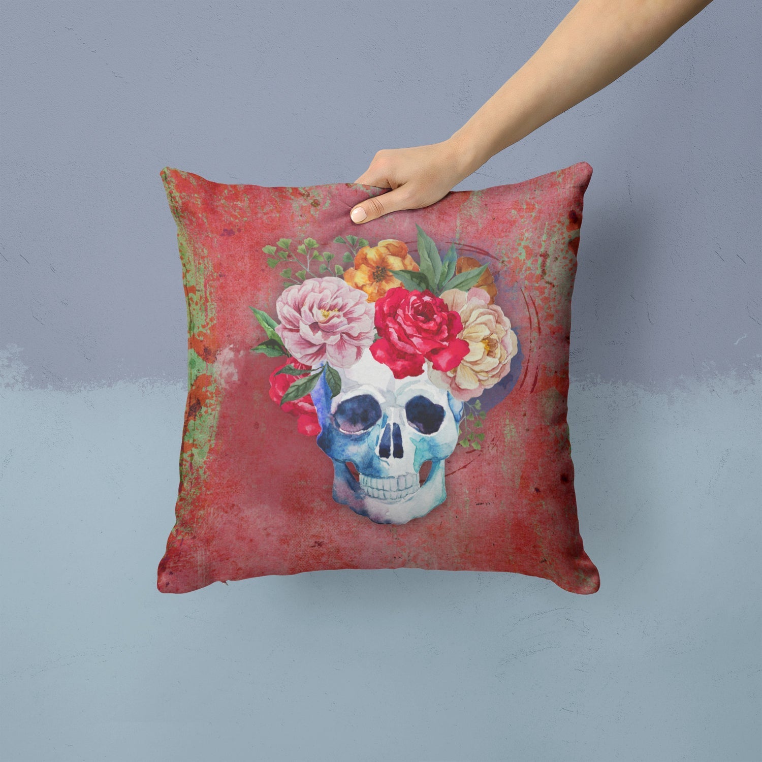 Day of the Dead Red Flowers Skull  Decorative Throw Pillow 14x14 Indoor Outdoor Accent Cushion, Fabric Cover with Insert for Sofa, Bed, Porch & Living Room