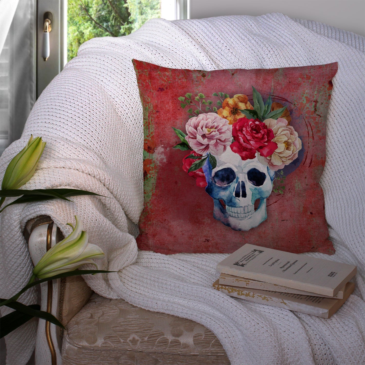 Day of the Dead Red Flowers Skull  Decorative Throw Pillow 14x14 Indoor Outdoor Accent Cushion, Fabric Cover with Insert for Sofa, Bed, Porch & Living Room