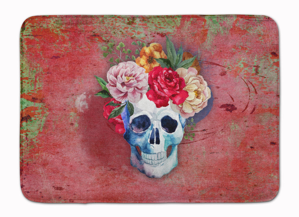 Day of the Dead Red Flowers Skull  Memory Foam Kitchen Mat Machine Washable Anti-Fatigue Cushion Comfort Bath or Kitchen Rug