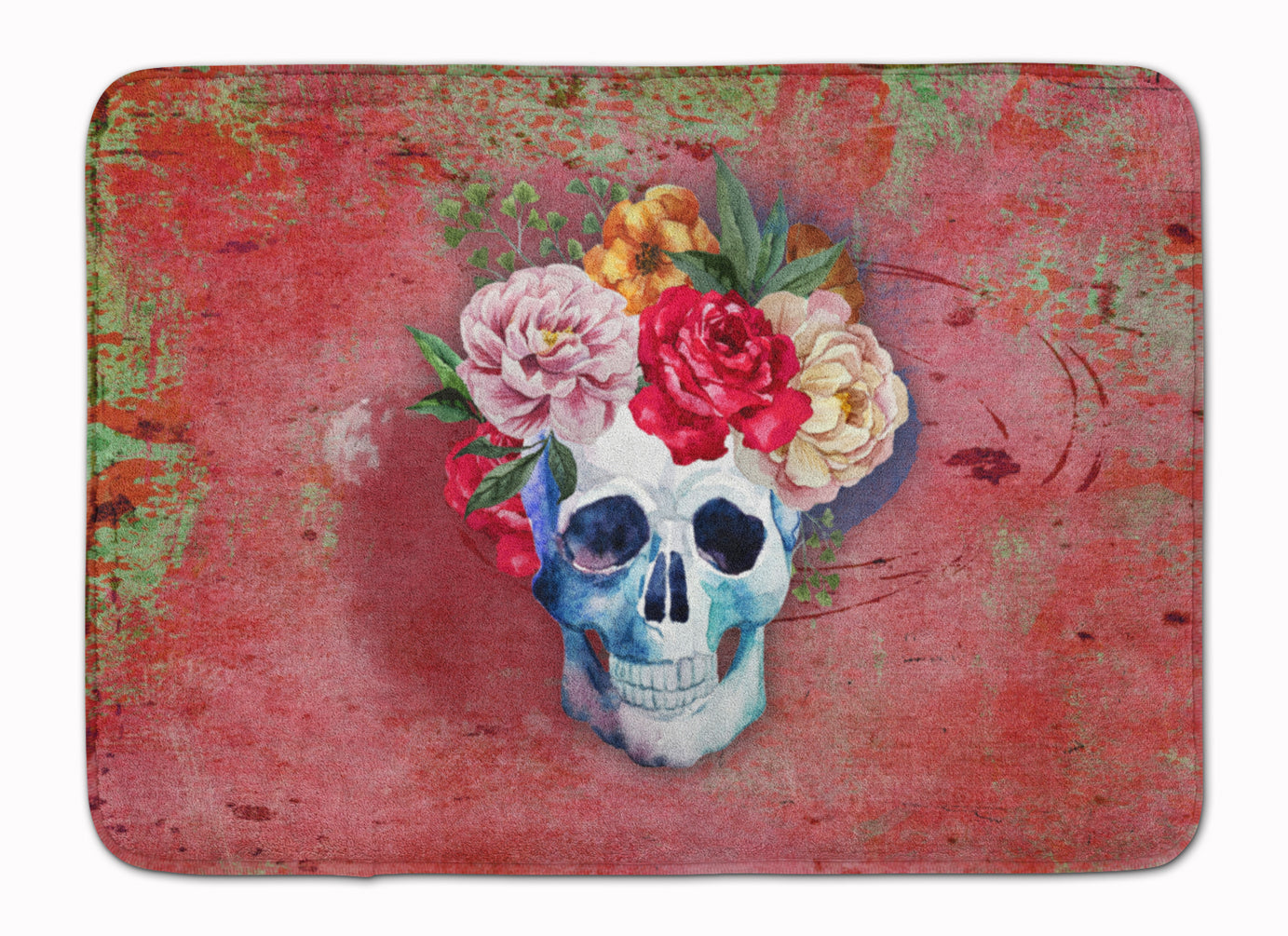 Day of the Dead Red Flowers Skull  Memory Foam Kitchen Mat Machine Washable Anti-Fatigue Cushion Comfort Bath or Kitchen Rug