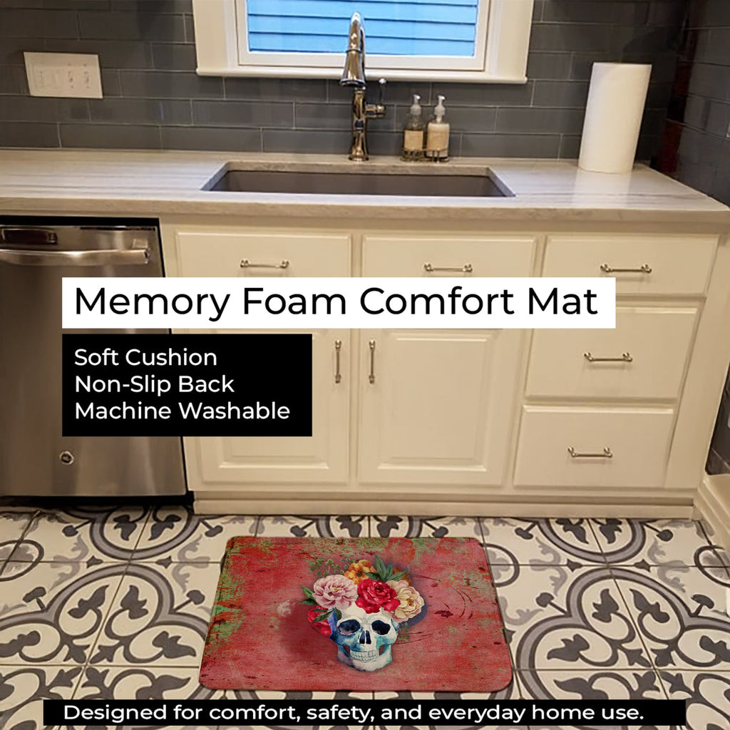 Day of the Dead Red Flowers Skull  Memory Foam Kitchen Mat Machine Washable Anti-Fatigue Cushion Comfort Bath or Kitchen Rug