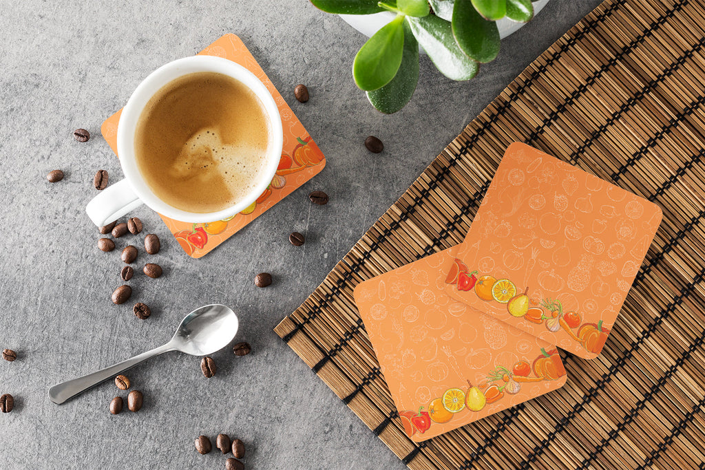 Fruits and Vegetables in Orange Foam Coasters Set of 4 Cup Coasters for Indoor Outdoor, Tabletop Protection, Anti Slip, Mouse pad Material