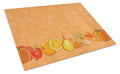 Fruits and Vegetables in Orange Cutting Board Tempered Glass Kitchen Cutting Surface, Heat Resistant Chopping, Non-Slip Feet, Food Prep & Serving