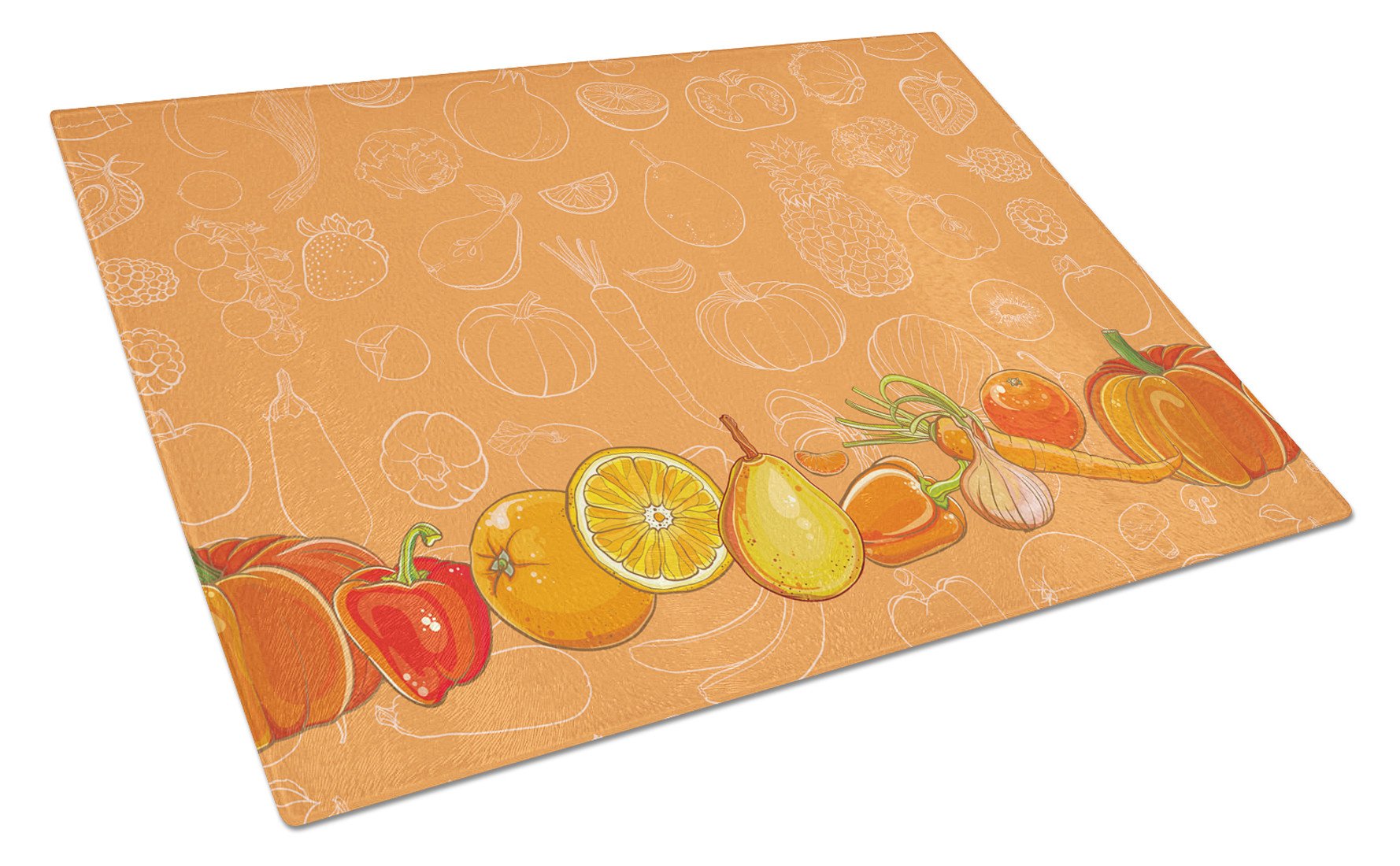 Fruits and Vegetables in Orange Cutting Board Tempered Glass Kitchen Cutting Surface, Heat Resistant Chopping, Non-Slip Feet, Food Prep & Serving