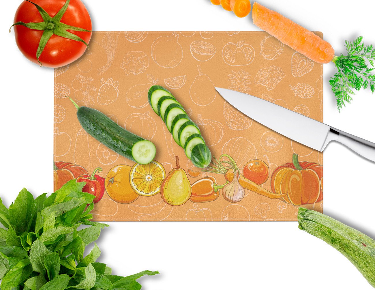 Fruits and Vegetables in Orange Cutting Board Tempered Glass Kitchen Cutting Surface, Heat Resistant Chopping, Non-Slip Feet, Food Prep & Serving