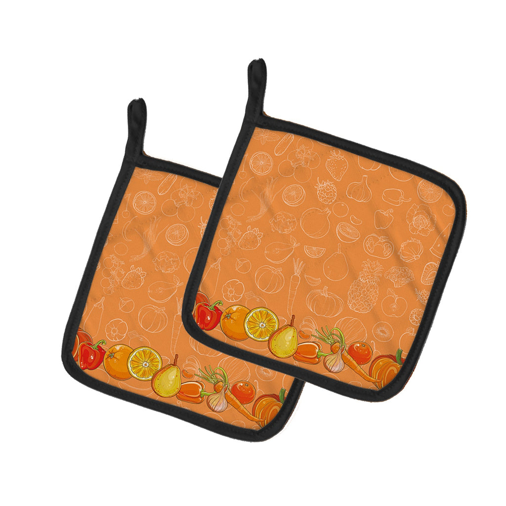 Fruits and Vegetables in Orange Pot Holder Set of 2 Heat Resistant Quilted Hot Pads 7.5 x 7.5 Inch, Insulated Kitchen Trivets for Cooking & Baking