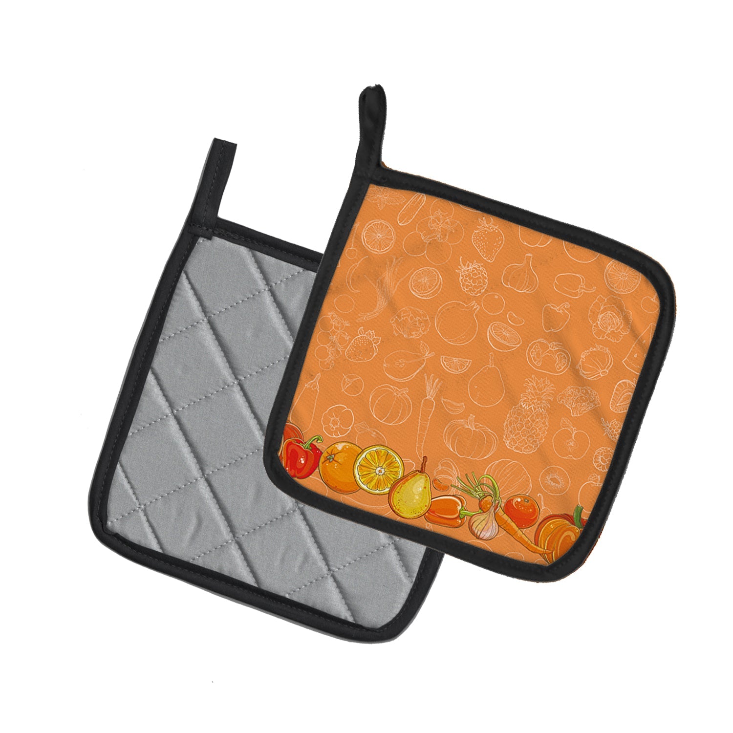 Fruits and Vegetables in Orange Pot Holder Set of 2 Heat Resistant Quilted Hot Pads 7.5 x 7.5 Inch, Insulated Kitchen Trivets for Cooking & Baking