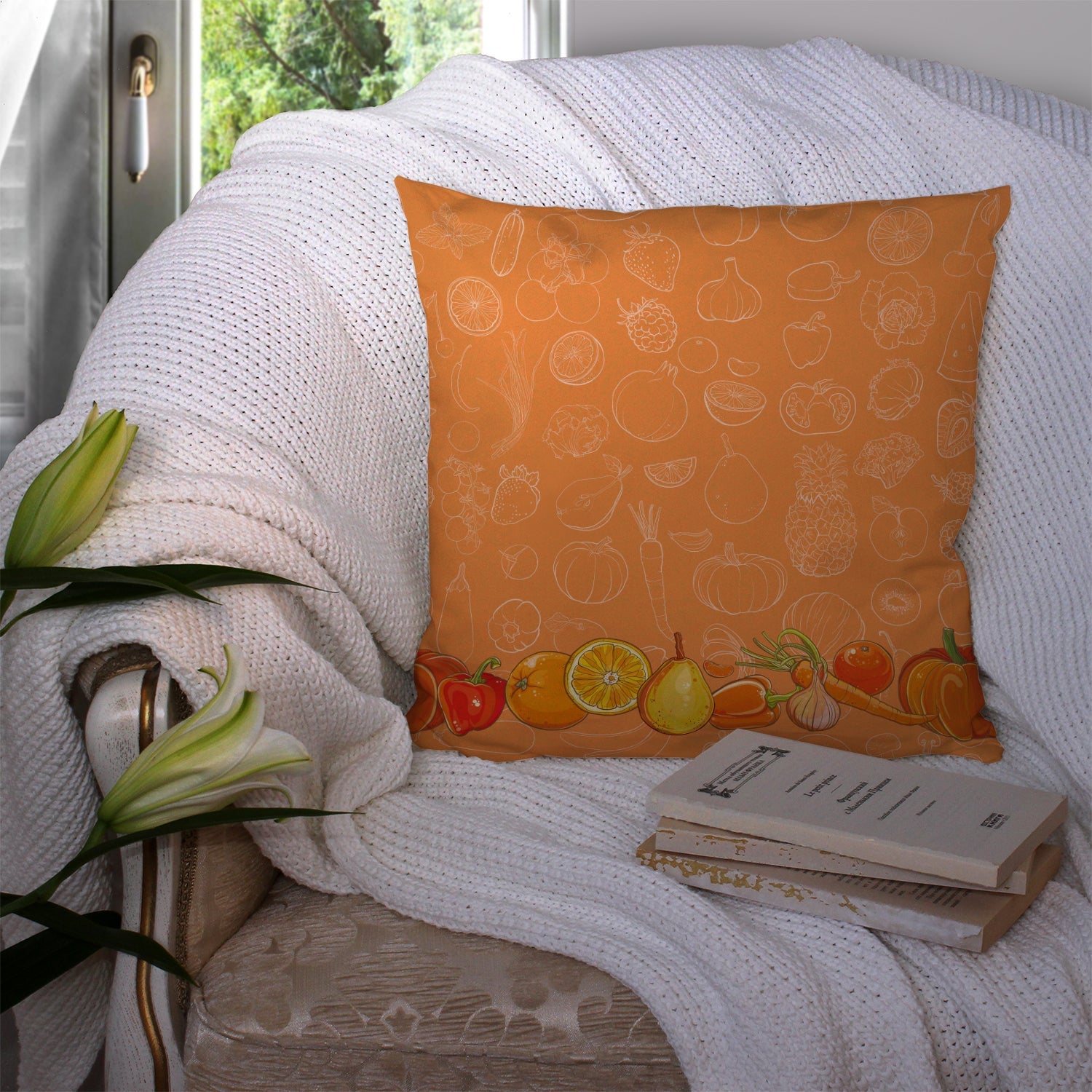 Fruits and Vegetables in Orange Decorative Throw Pillow 14x14 Indoor Outdoor Accent Cushion, Fabric Cover with Insert for Sofa, Bed, Porch & Living Room