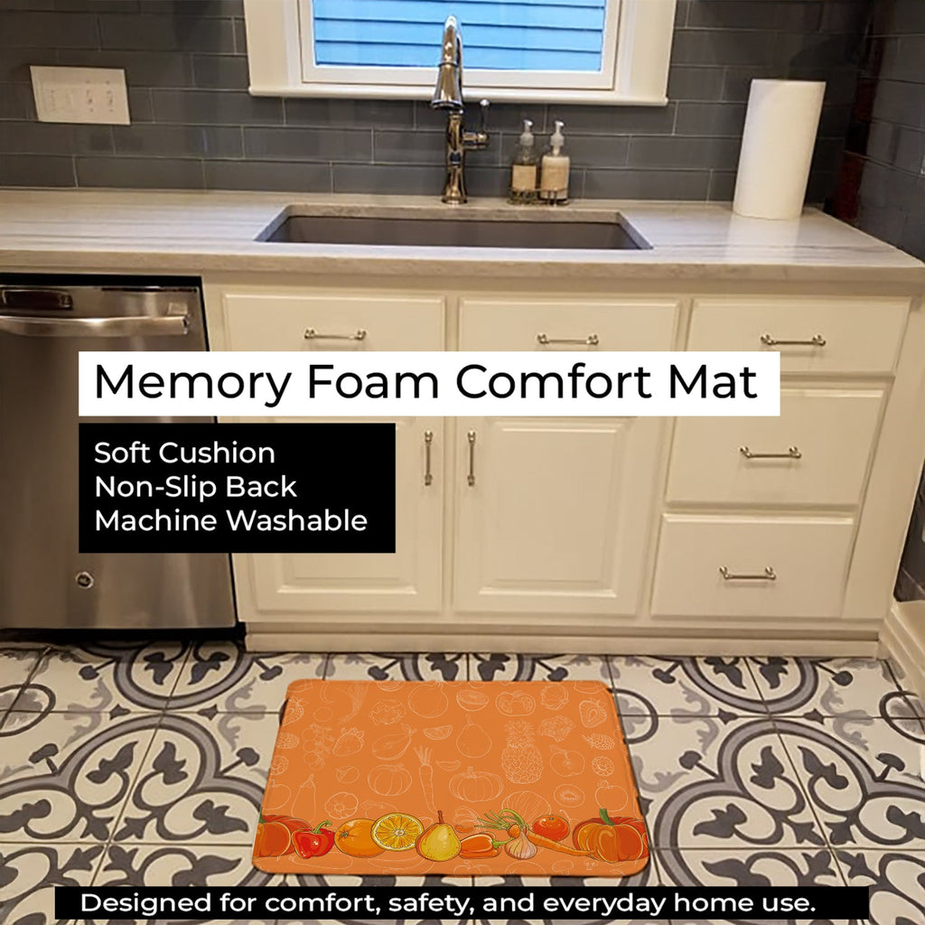 Fruits and Vegetables in Orange Memory Foam Kitchen Mat Machine Washable Anti-Fatigue Cushion Comfort Bath or Kitchen Rug